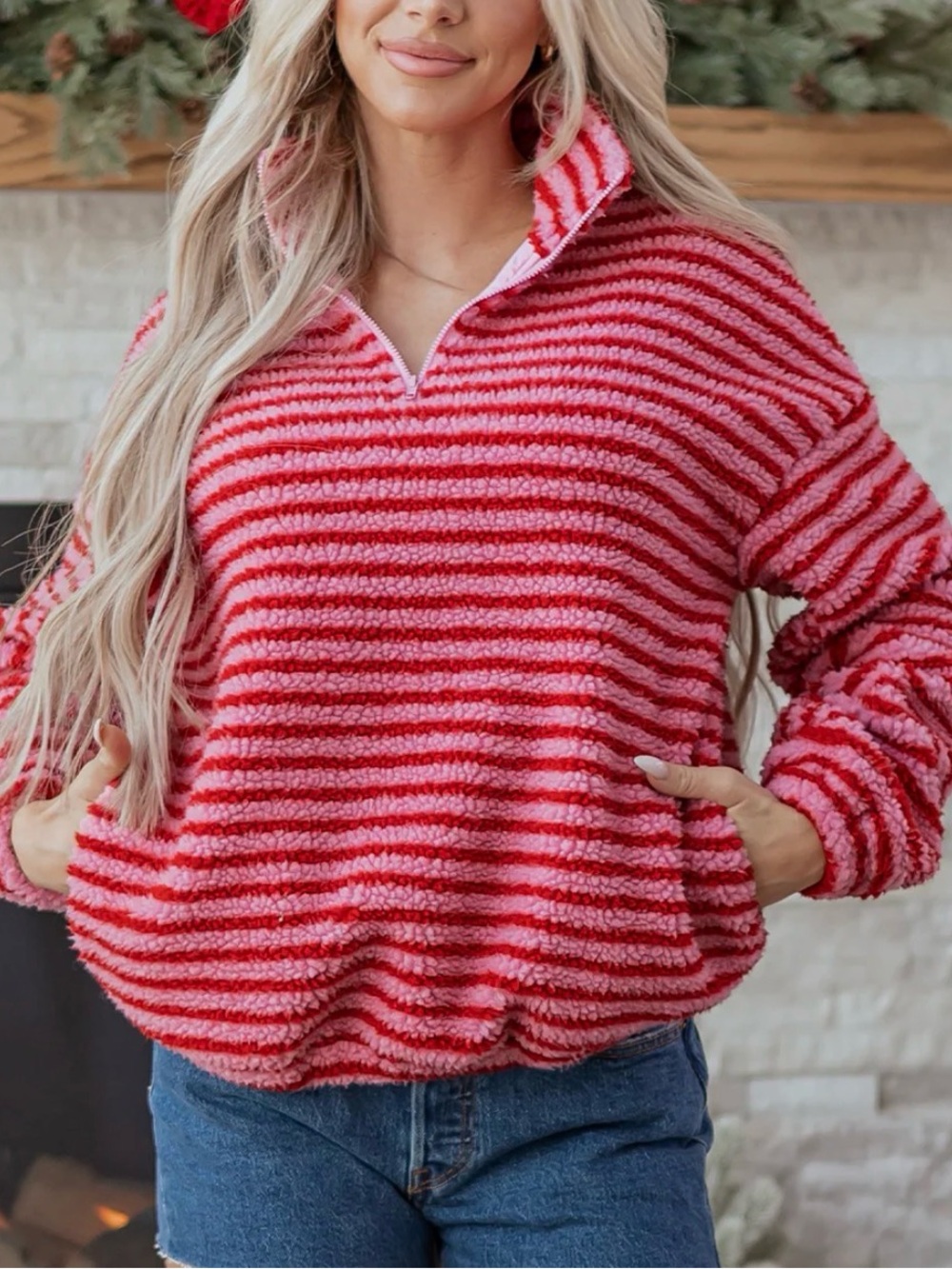 Stripe Fleece Quarter Zip Sweater